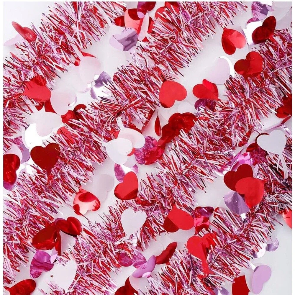 Valentines Garland Decor,50Ft Glitter Tinsel Heart Garland Decorations